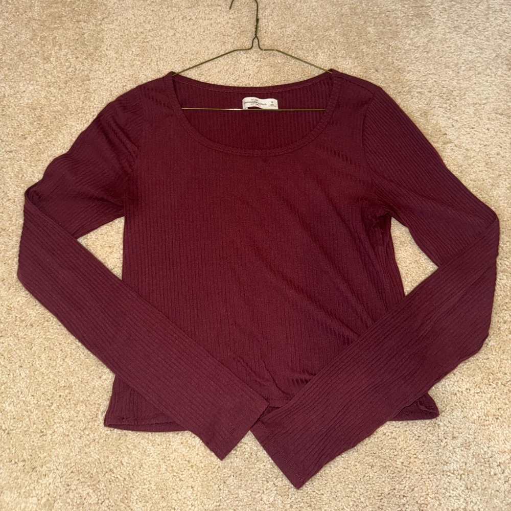 Abercrombie Maroon Fitted Long Sleeve Cropped Top